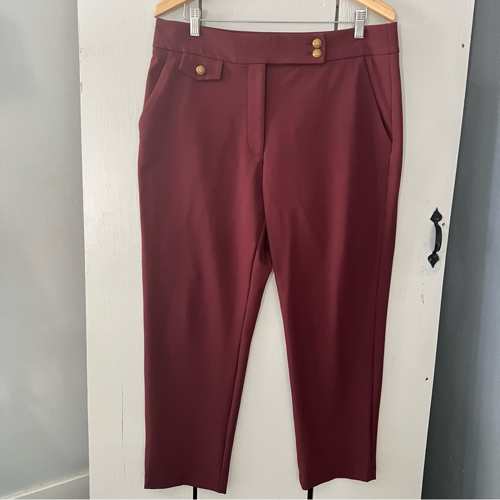 Veronica Beard Burgundy Ankle Pants Renzo Slim Leg Crop Trousers Stretch Size 14